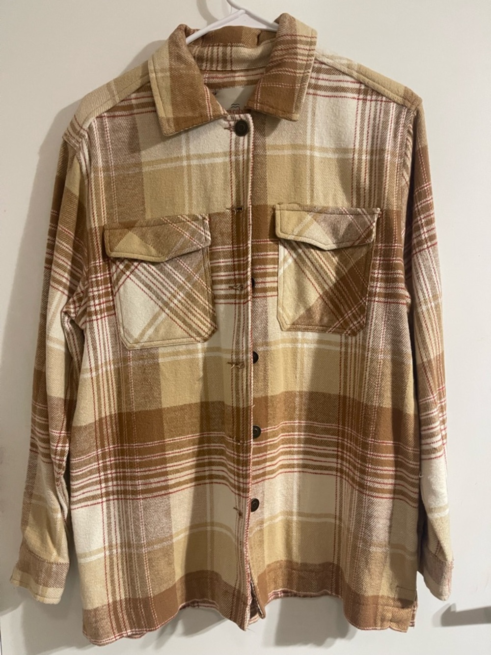 Casa Cabana, Plaid Button-Front Women’s Shirt Jacket in Beige and Brown